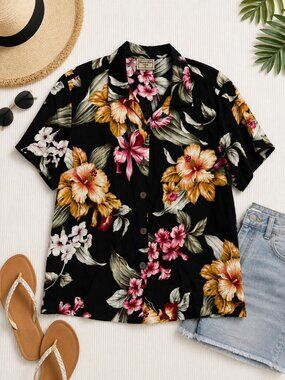Aloha Hut Hawaii Black Floral Hawaiian Shirt Size Medium Tropical 100% Rayon